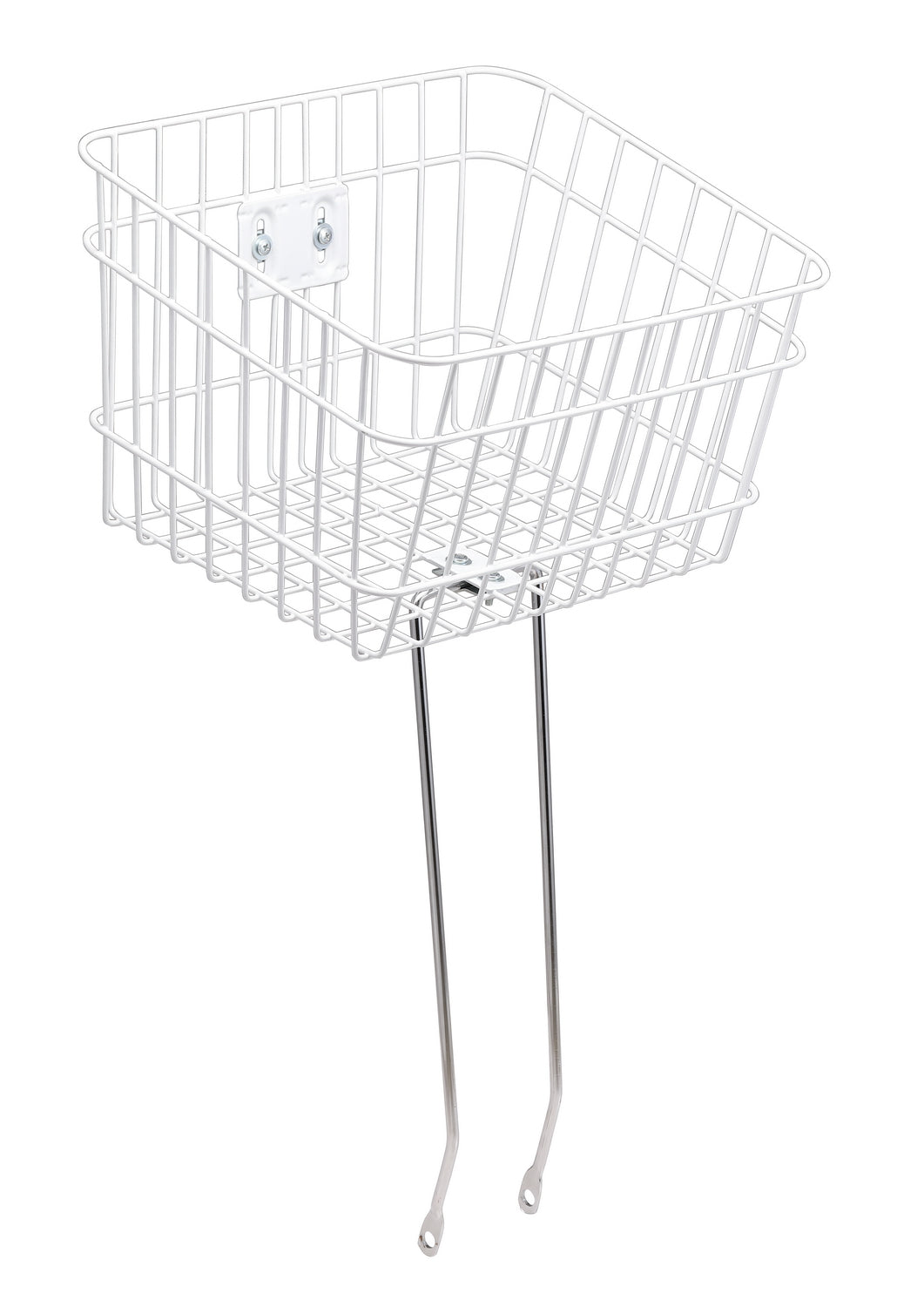 White metal bike basket with stand on a white background