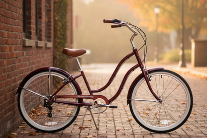 Elegant Burgundy Firmstrong Siren Lady 7 Speed cruiser bike leaning against a rustic brick wall