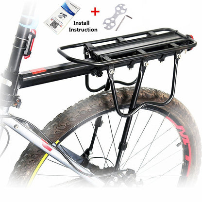 Bicycle with a black rear rack, installation tools, and instructions on a white background